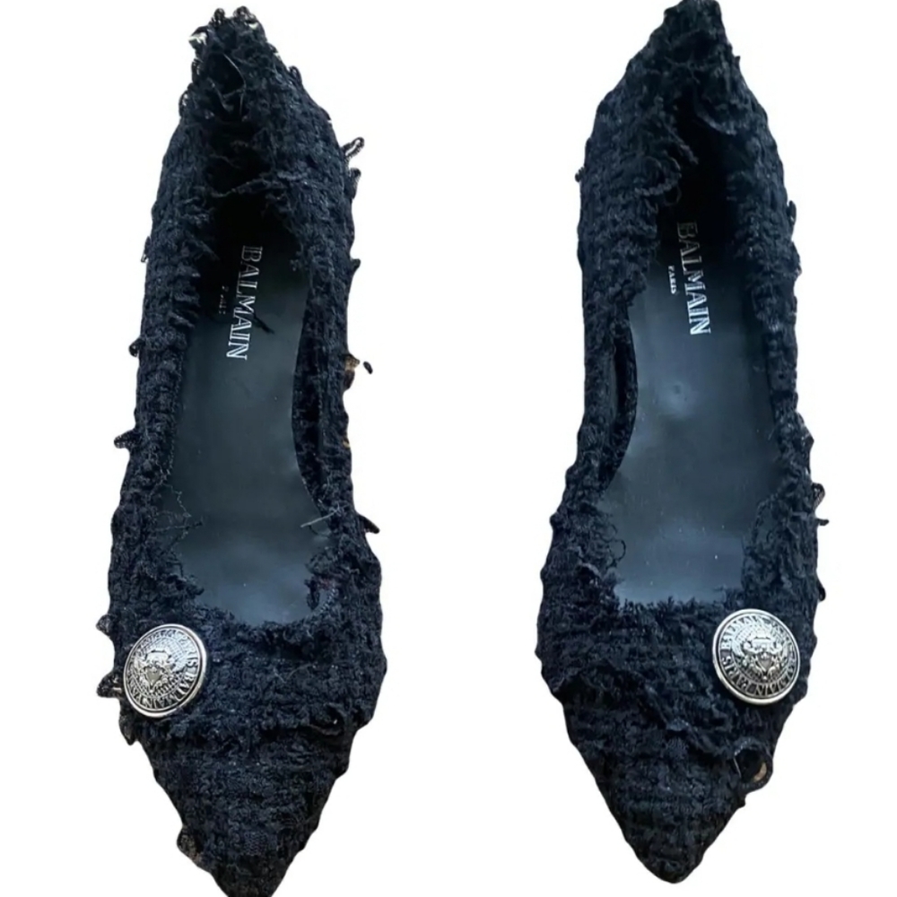 Balmain 39 Jolie Tweed Medallion Ballet Flats black textured designer w logo